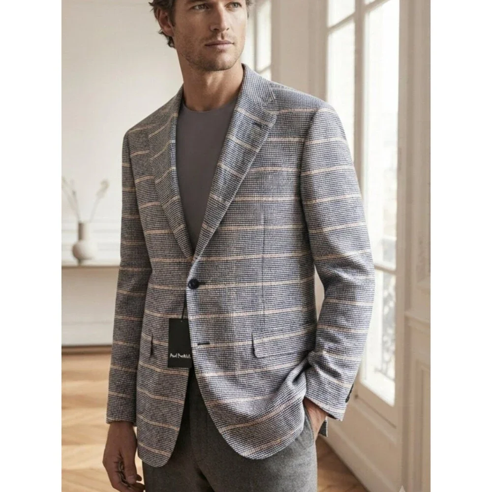 NWT Paul Fredrick Navy & Tan Plaid Blazer Men's 52L